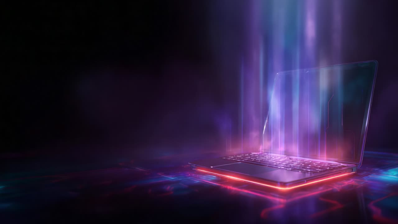 A futuristic laptop emanating vibrant light and digital patterns, showcasing advanced technology in an abstract digital environment, highlighting innovation and the connection between the physical and virtual realms