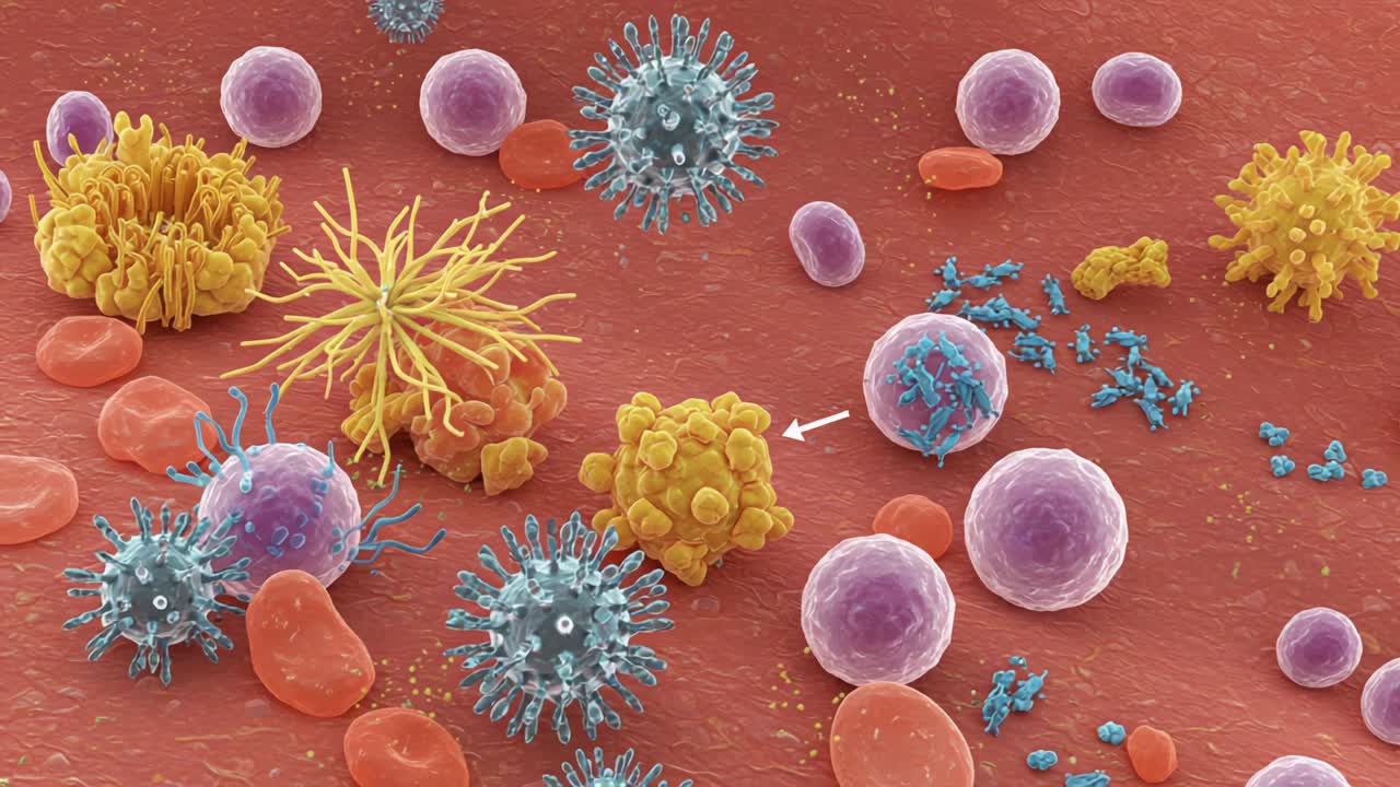 Detailed Visualization of Immune Cells Interacting Amidst Pathogens in a Complex Biological Environment Highlighting Cellular Dynamics