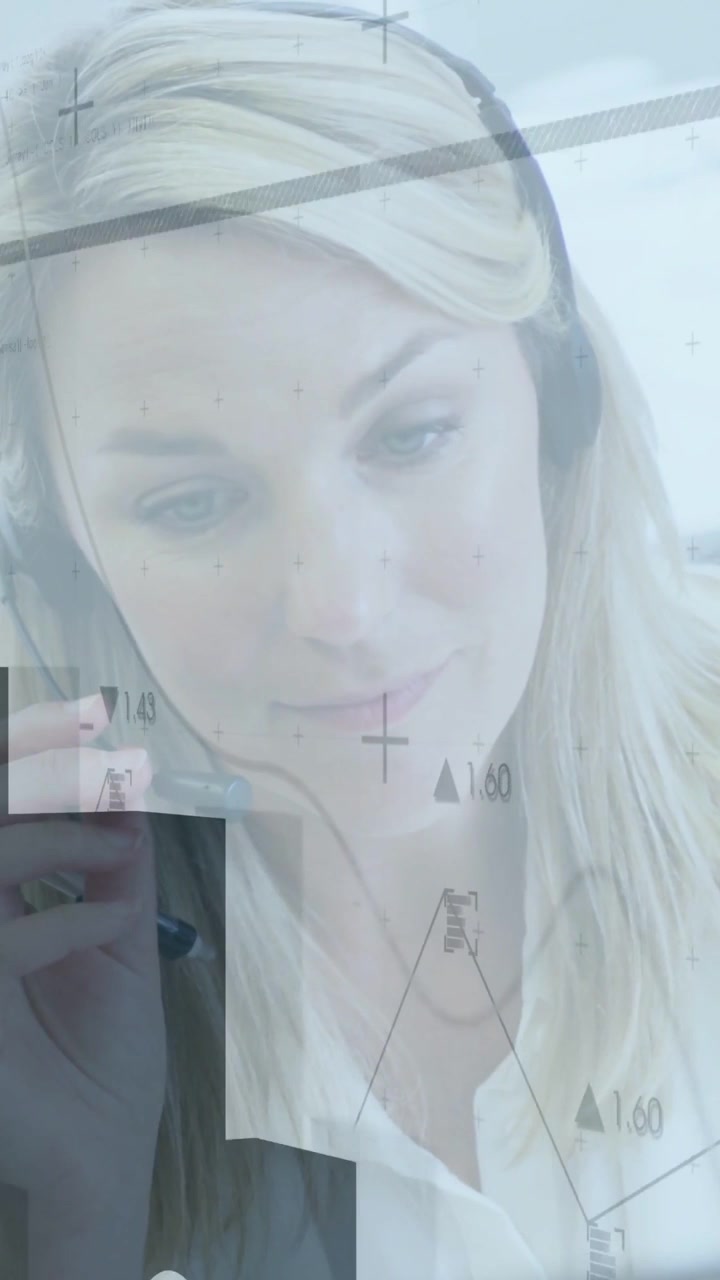Support agent answering call adjusting mic helping client chart overlay animating dark bars showing