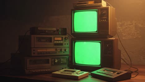 collection of vintage electronics: two crt televisions displaying green screens surrounded by vintage audio equipment and a compact gaming device
