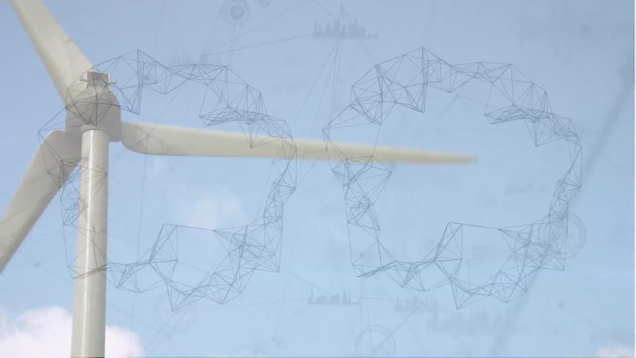 animación de la red de conexiones sobre el molino de viento giratorio contra el cielo azul