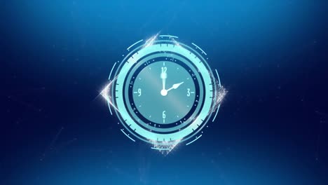 Animation-of-clock-with-rotating-hands-over-square-network-of-connections-on-blue-background