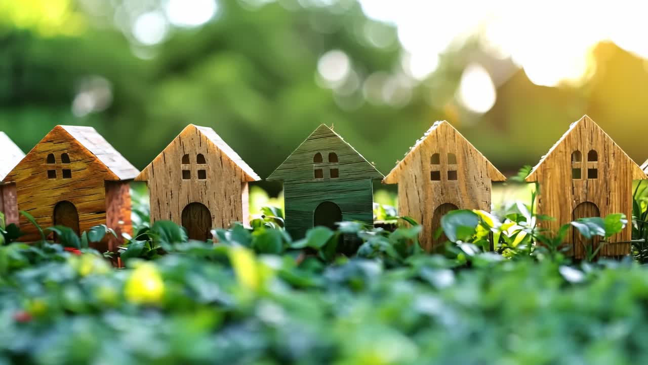 A row of small wooden houses are sitting in a field of green grass. The houses are of different colors, and they are arranged in a line. The scene has a peaceful and serene mood