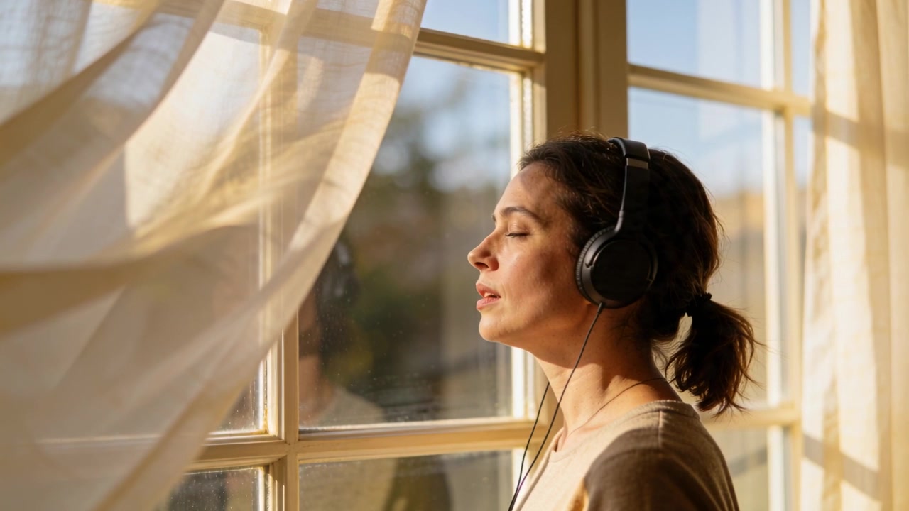 Musica che inizia, donna con le cuffie in piedi accanto a una finestra di legno a casa, con la tenda che si muove, rilassandosi.