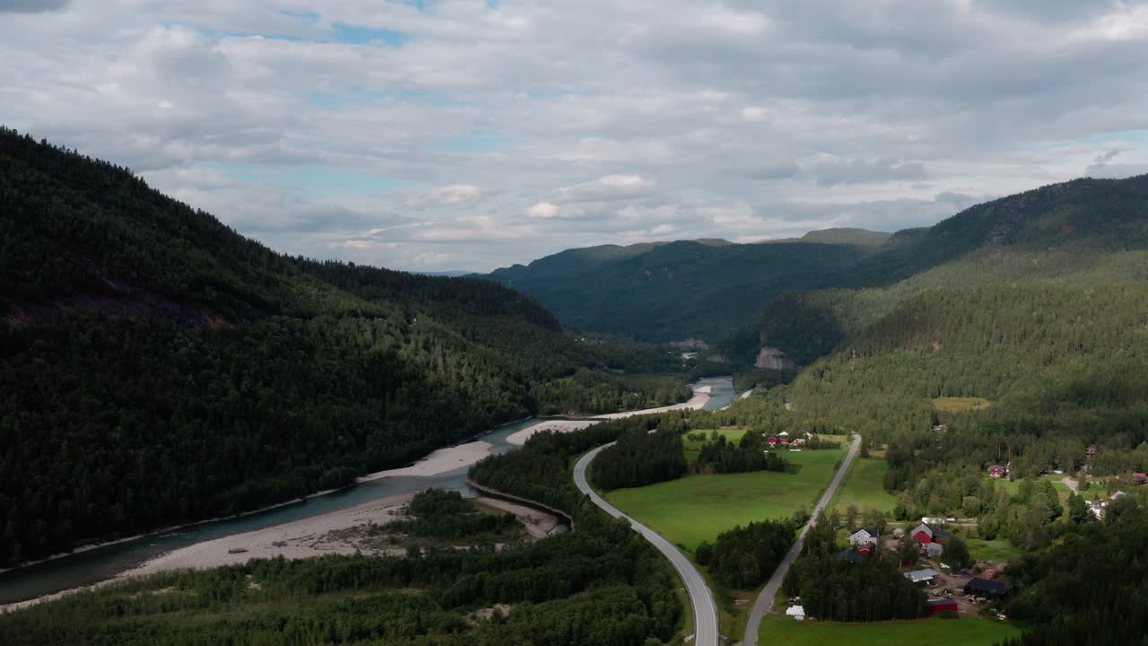 Beautiful outdoors in Norway drone shot. Panorama view of natural scenery.