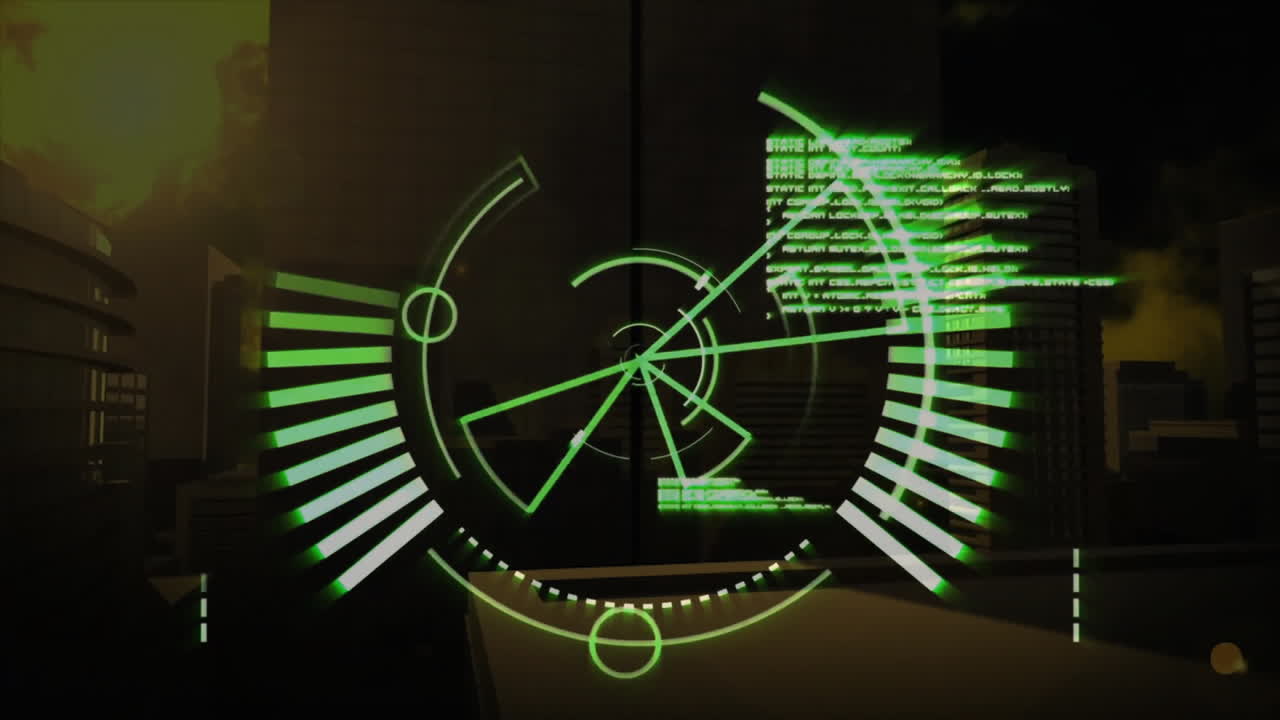 밤에 도시 풍경 위의 녹색 레이더 및 데이터 분석 애니메이션