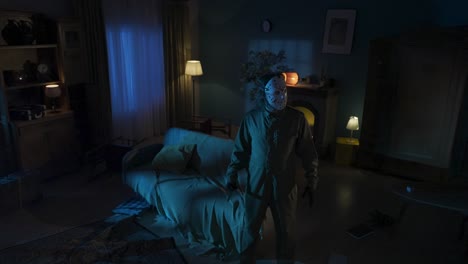 maniac with knife walking through room girl comes out from the next door scaried face looking - horror movie scene in the apartment creative concept. maniac with knife walking through room, girl comes out from the next door, scaried face looking directly at the security cam, asking for help. r bt202