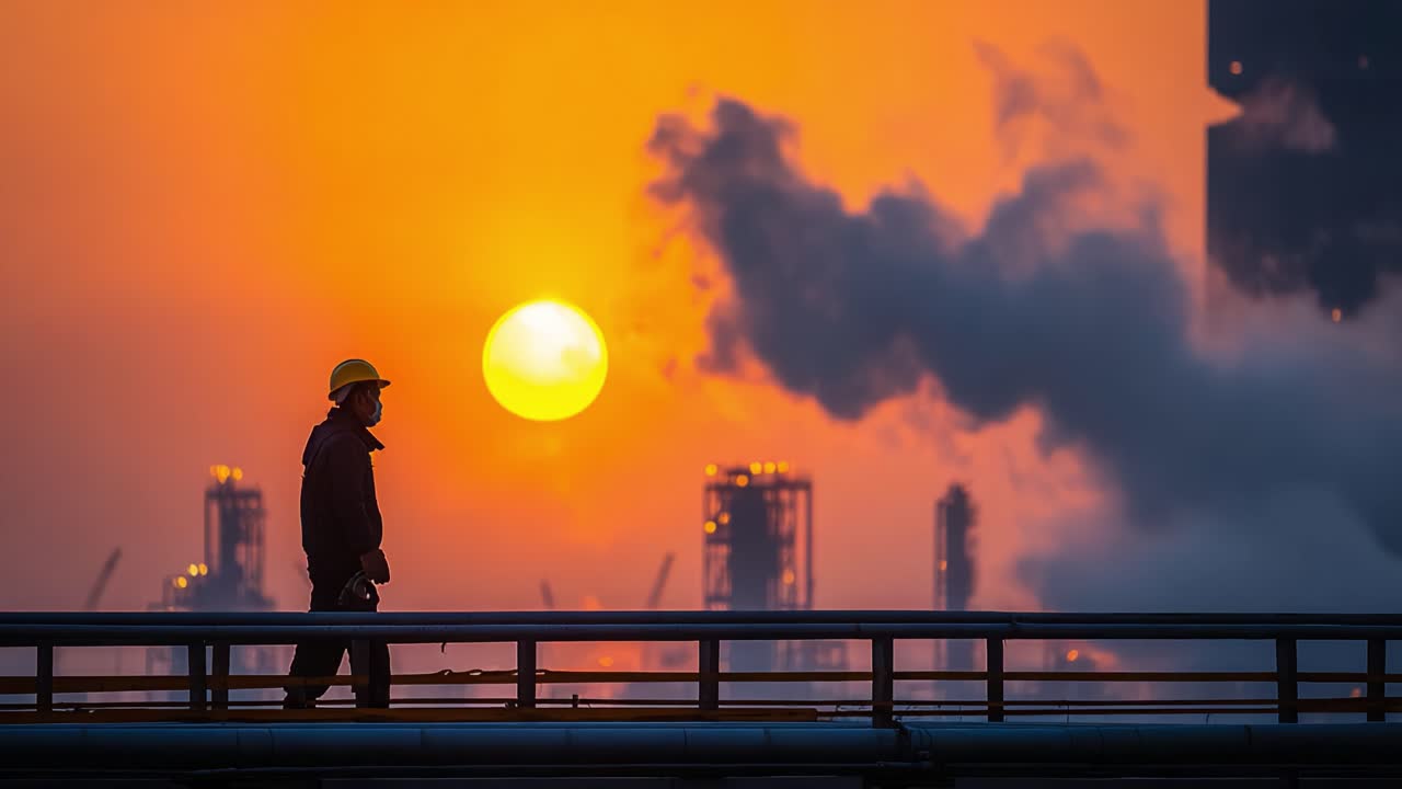 A Worker Walks Along a Platform at Sunset, with an Industrial Landscape and Billowing Smoke from Nearby Factories Lighting the Scene in a Warm Orange Glow