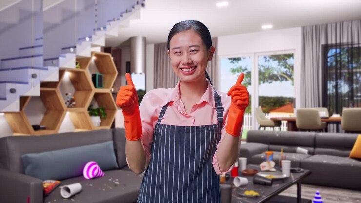 Happy Woman Showing a Messy But Cleaned Living Room