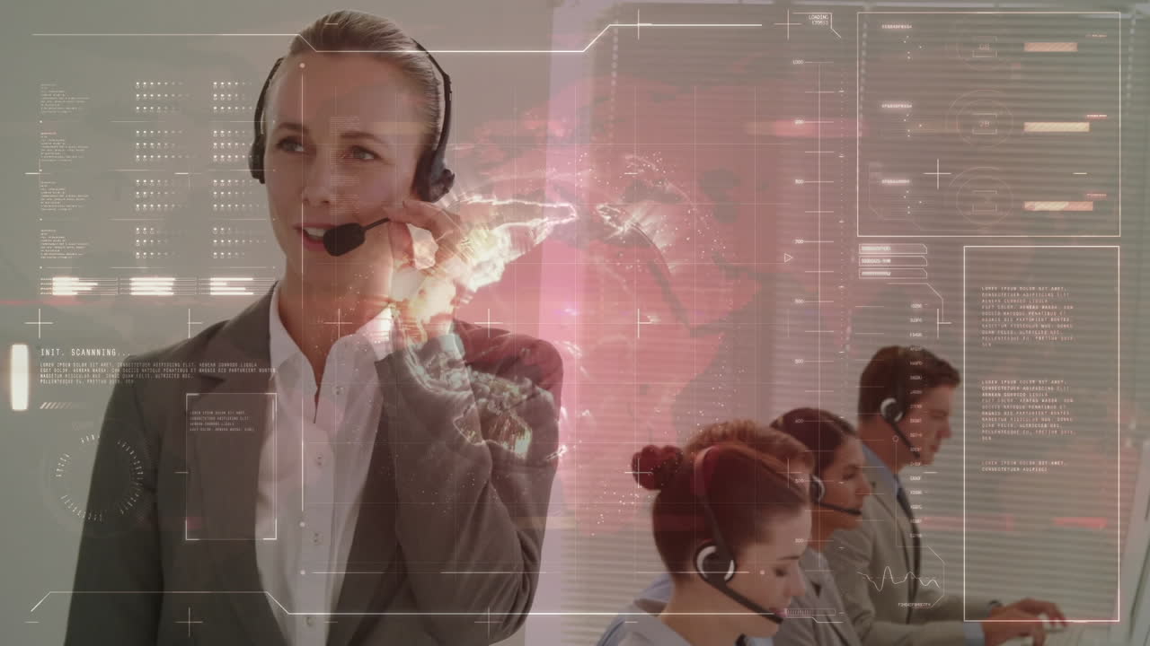 전화 헤드 ⁇ 을 사용하는 비즈니스 사람들에 대한 디지털 인터페이스의 애니메이션