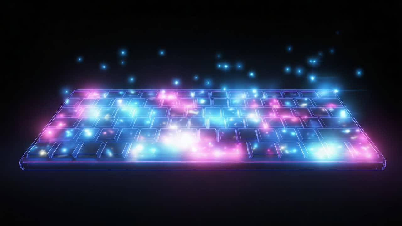 A mesmerizing display of glowing particles and vibrant lights on a futuristic keyboard, showcasing advanced technology and creativity in digital design, illuminated against a dark backdrop