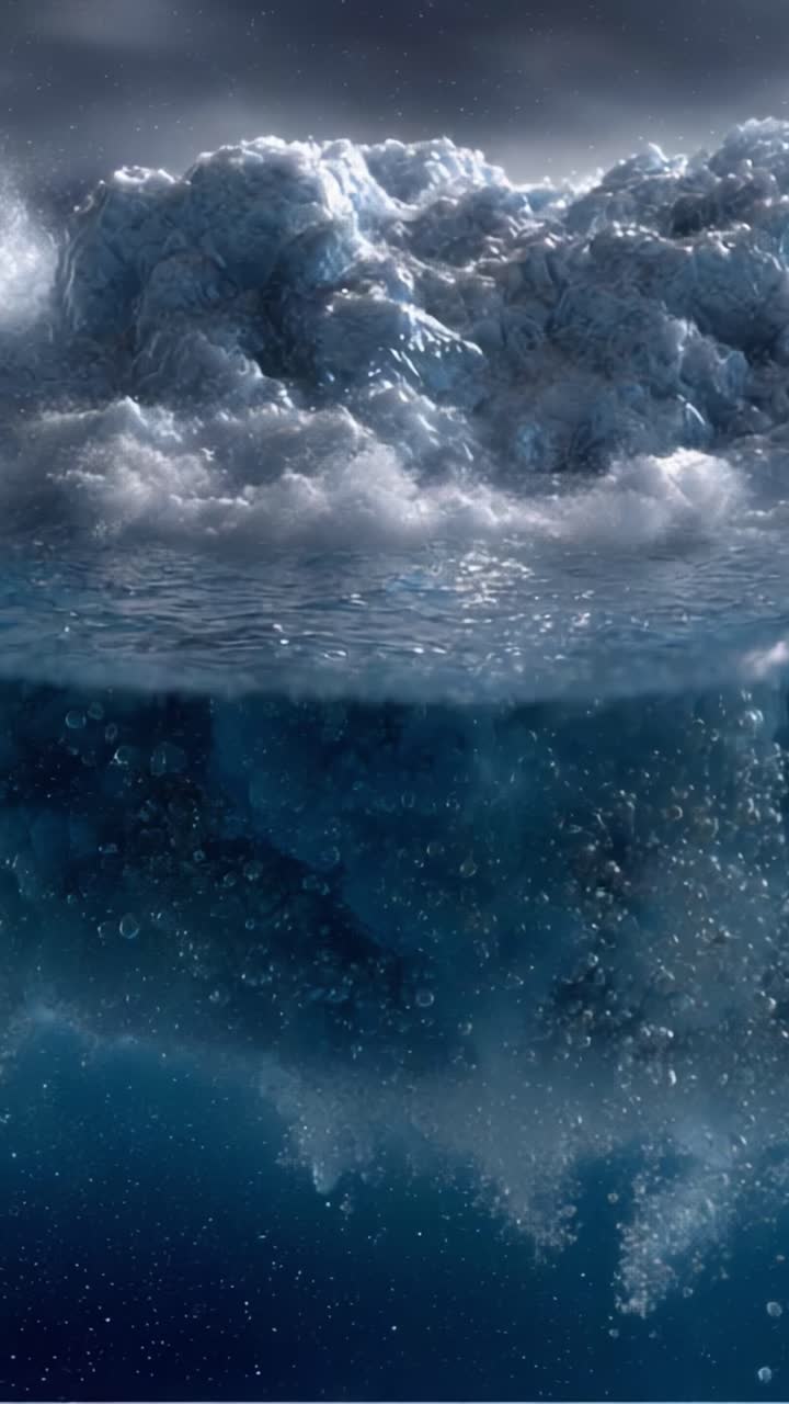 A Beautiful and Tranquil Close-Up of Bubbling Water with an Impressive Iceberg Formation, Emphasizing the Mystical View Beneath the Surface of the Ocean's Waves