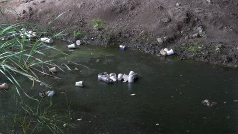 Pfannen,-Styroporbecher,-Plastikflaschen-Und-Dosen-Schwimmen-Im-Verschmutzten-Algenwasser