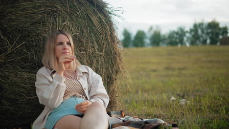 woman lost in thought with something in her mouth, seated on a blanket with legs crossed, she leans against a hay bale in a peaceful rural landscape with warm natural light and open farmland