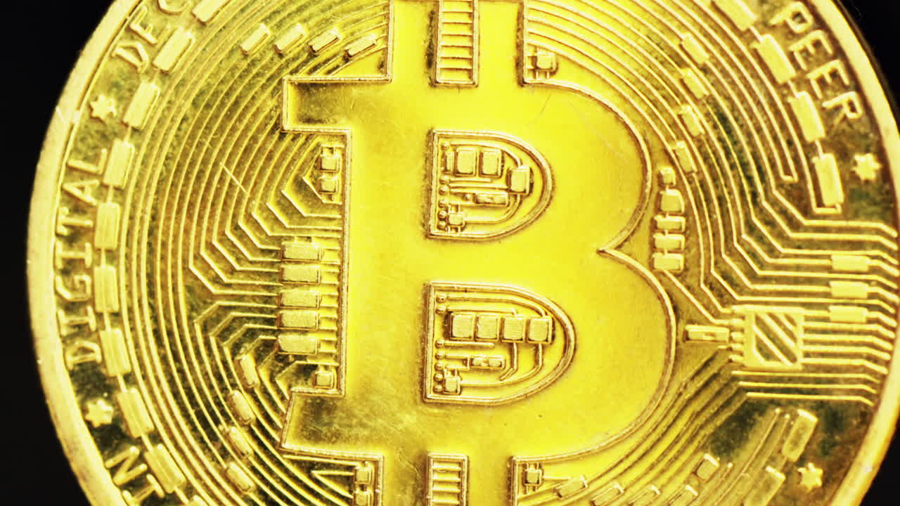 Close up macro golden bitcoin crypto currency blockchain