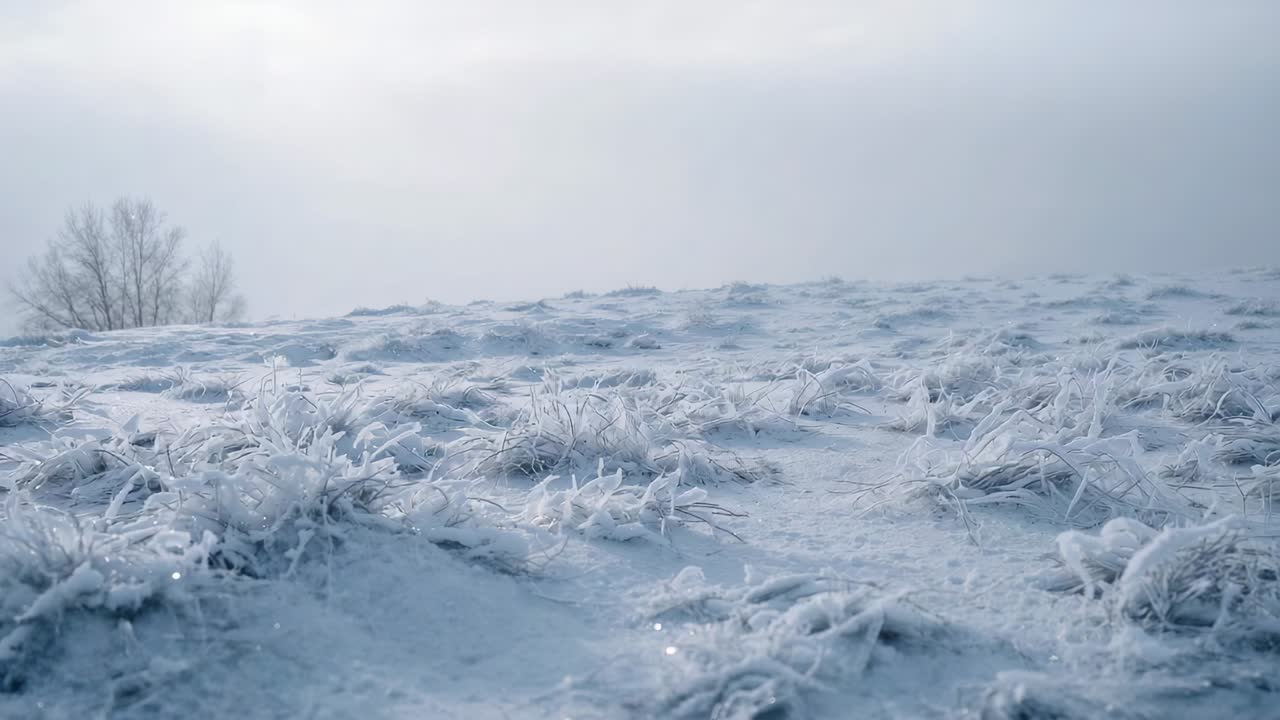 Starting slow shift, camera revealing frosty grass glints across field to reveal distant bare tree