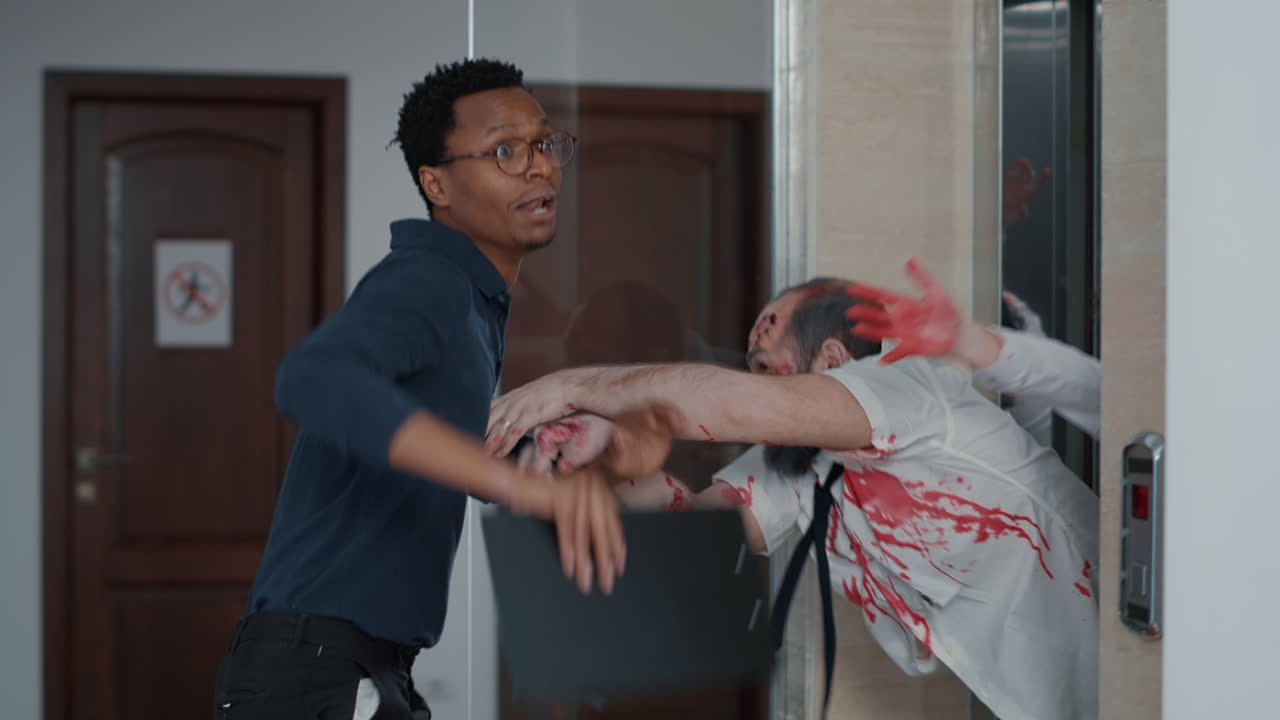 African american businessman with document clipboard encountering creepy zombies at elevator