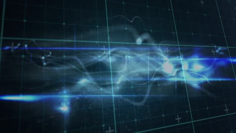 animación de humo azul y procesamiento de datos con marcadores sobre cuadrícula y fondo oscuro