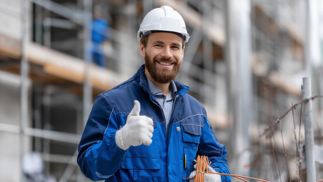 A Construction Worker in Safety Gear Poses Confidently with Wiring Tools at a Building Site While Conveying a Thumbs-Up Gesture to Highlight Positive Attitude