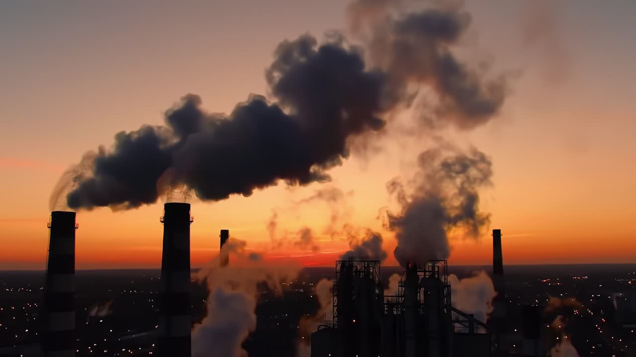 Industrial Emissions: A Powerful Contrast Between Pollution and Natural Beauty as Smoke Billows from Stacks Against a Breathtaking Sunset Skyline