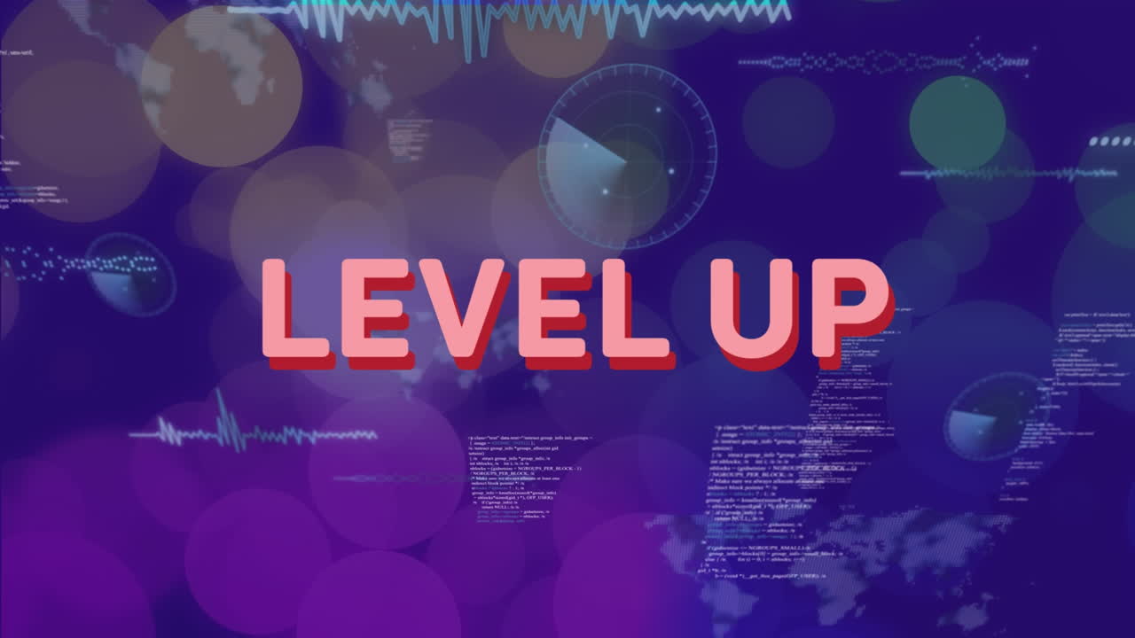 기하학적 모양의 애니메이션, 파란색 배경 위의 텍스트, 지도 및 컴퓨터 언어의 레벨 업