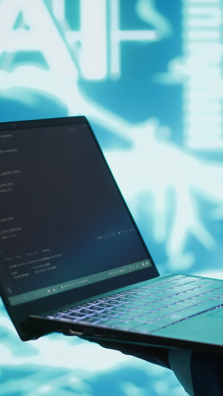 Vertical video Close up of worker using AI deep learning and laptop to look at data