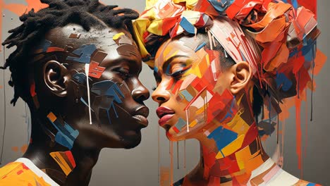 a vibrant artistic portrayal of two models with abstract paint details