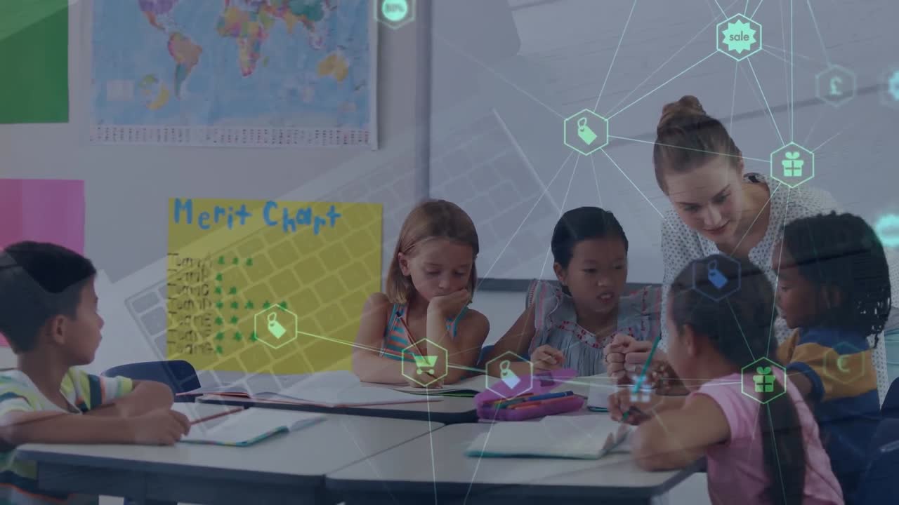 Animation of network of connections and laptop over diverse schoolchildren and teacher in classroom