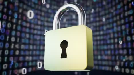 a stunning visual representation of digital security: this image illustrates a yellow padlock against a background of binary code, symbolizing protection and data integrity
