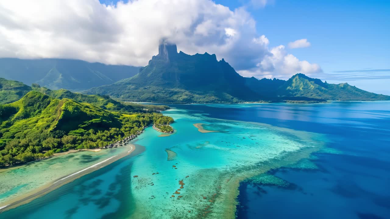 Breathtaking aerial view capturing crystal clear turquoise waters lapping against pristine Bora Bora shores, with majestic Mount Otemanu under a vibrant blue sky