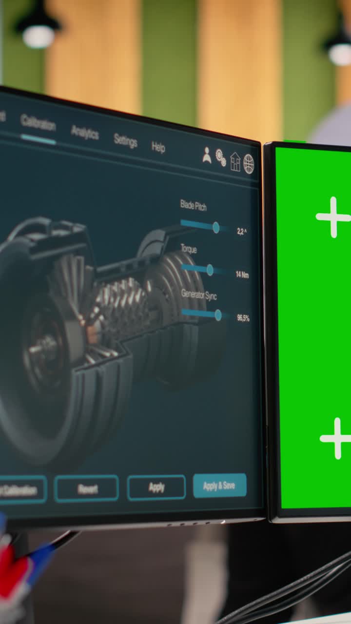 Tecnica che utilizza uno strumento CAD per turbine eoliche su uno schermo isolato del computer