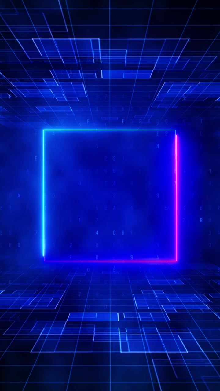 Futuristic neon square tech room cyan magenta glowing frame blue grid floor floating digital panels