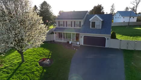 solar panels on house in american during spring sunset