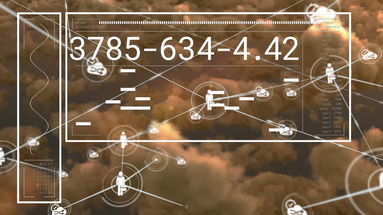 анимация обработки данных с сетью соединений над небом с облаками