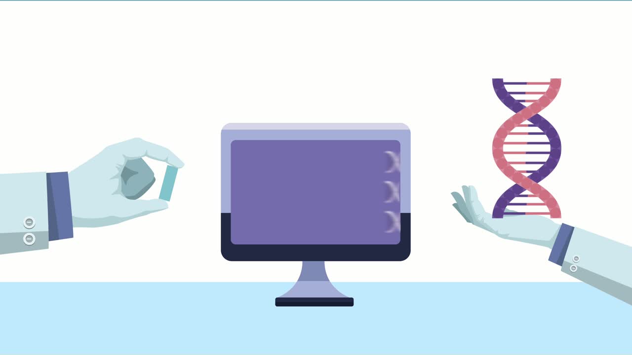 scientists hands with desktop and dna molecule