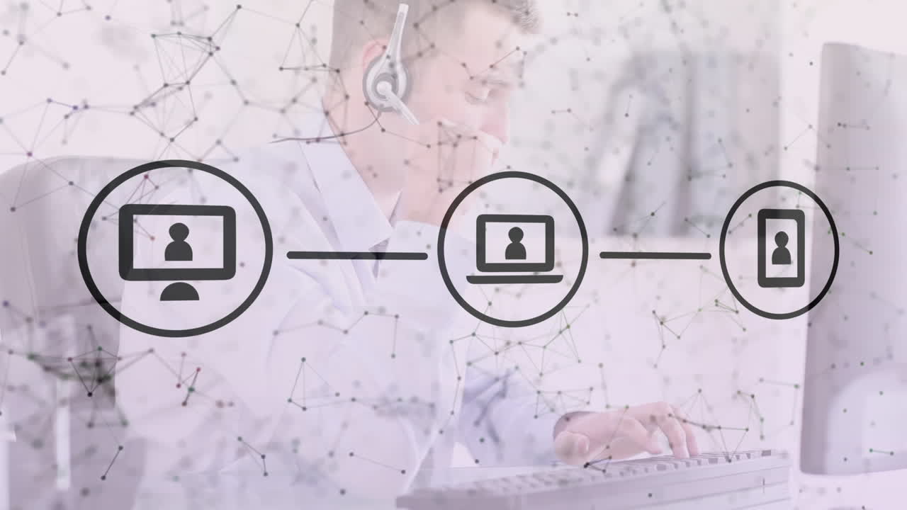 헤드 ⁇ 을 착용한 사업가에 대한 연결 네트워크와 아이콘의 애니메이션