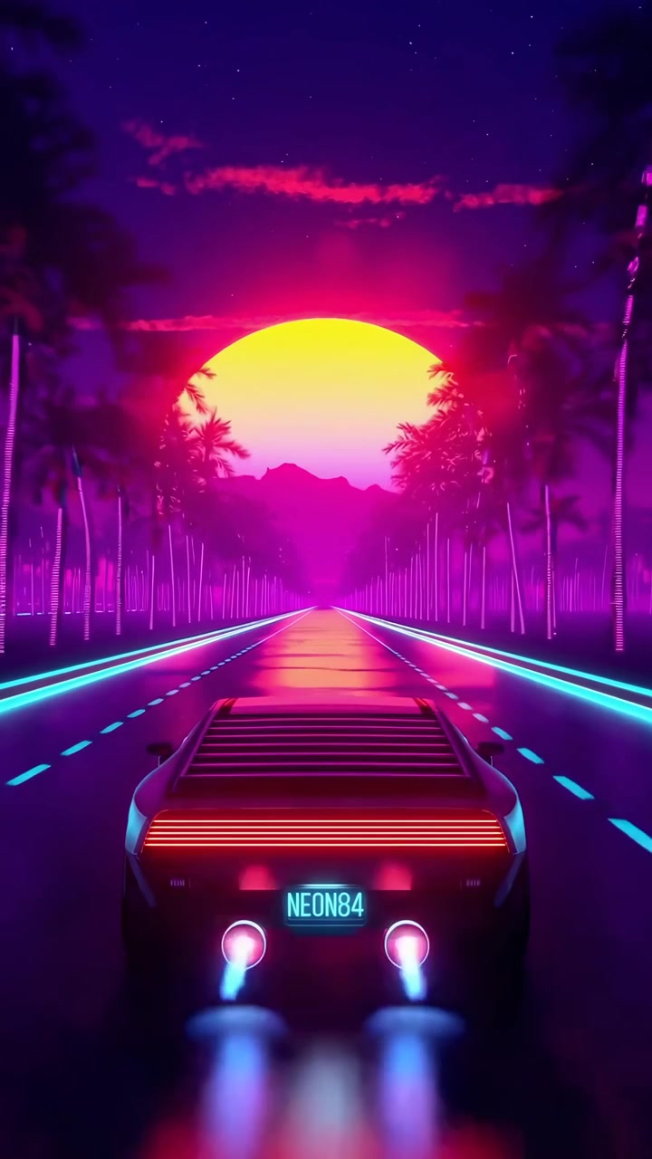 Auto in stile retro synthwave che percorre un'autostrada al tramonto