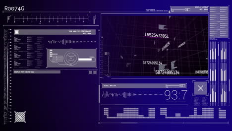 Animation of numbers changing and data processing on screens background