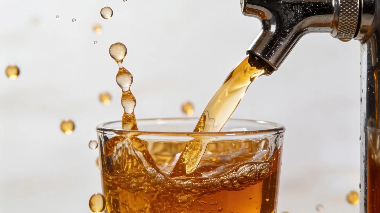 Rubinetto che si apre, un rubinetto di metallo versa soda ambrata in un bicchiere sul bancone, riempiendolo e creando una corona di schizzi.