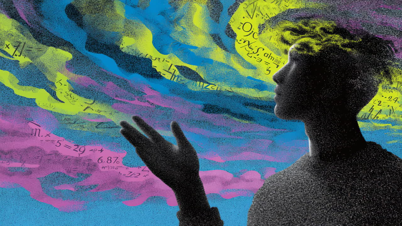 Creative thought sparks ideas. A curious person gazes upward at swirling colorful patterns that represent thoughts and creativity