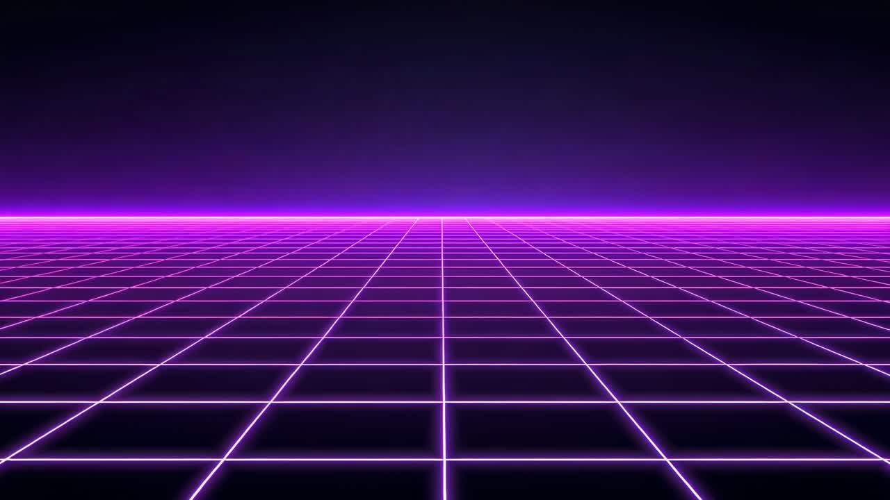 Neonfarvet gitterplan, der bevæger sig frem mod magenta horisont under lilla himmel, starter subtilt zoom