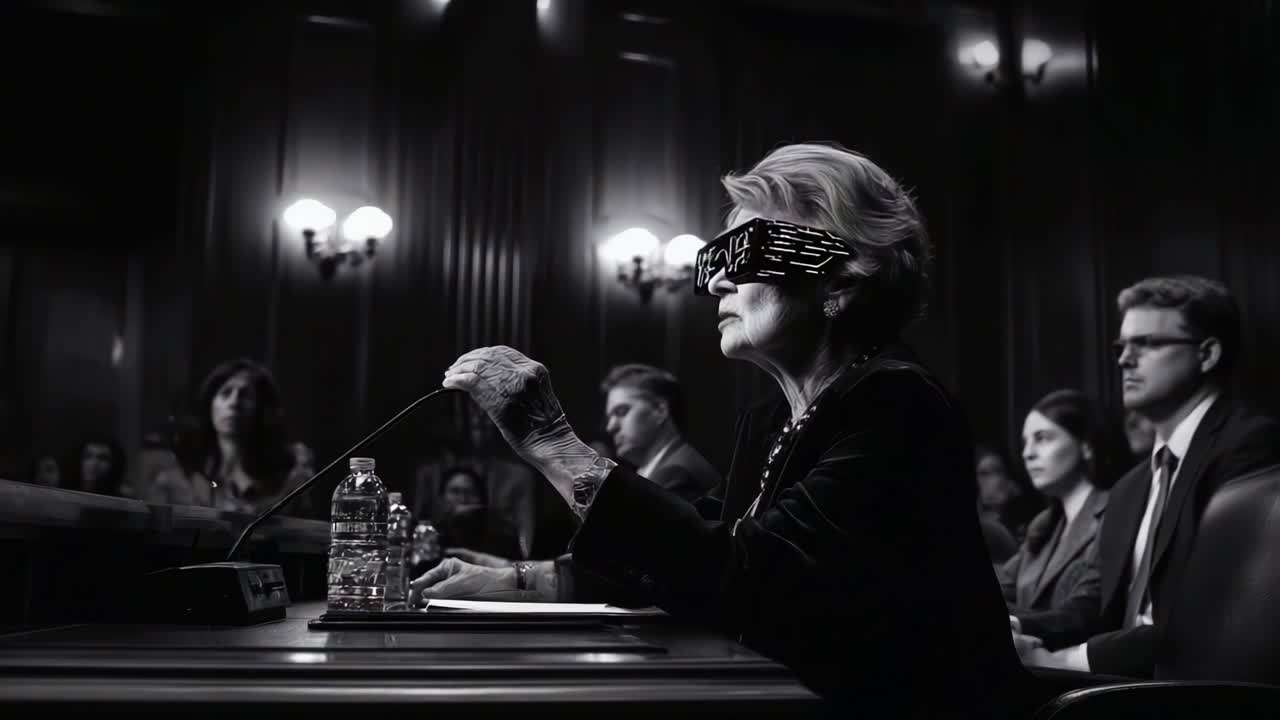 A Dramatic Hearing: The Witness with Futuristic Glasses Captivates the Audience as She Engages in an Intense Legal Examination, Raising Questions About Technology and Ethics