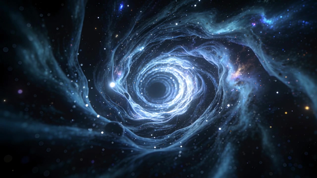 Pusaran spiral yang mencerah menarik partikel ke dalam di luar angkasa, dengan filamen biru, titik terang di kiri