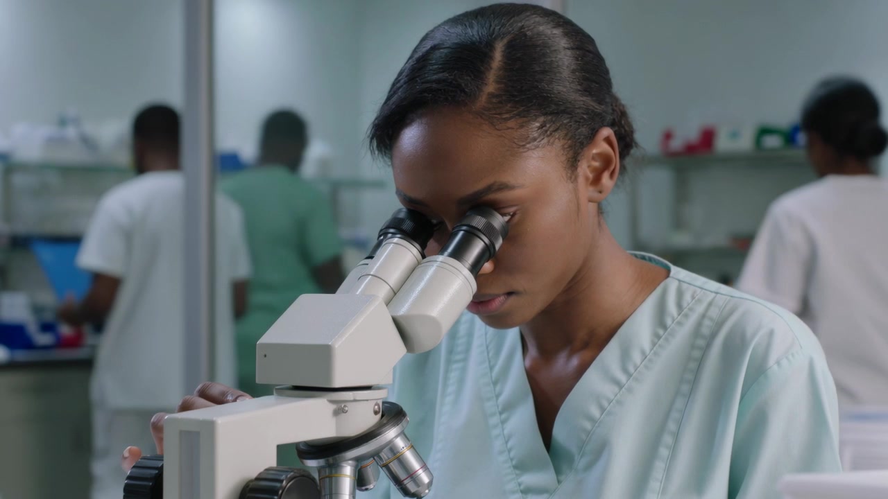 Tecnico di laboratorio afroamericano in divisa azzurra che scruta e regola il microscopio in laboratorio, analizzando un vetrino.