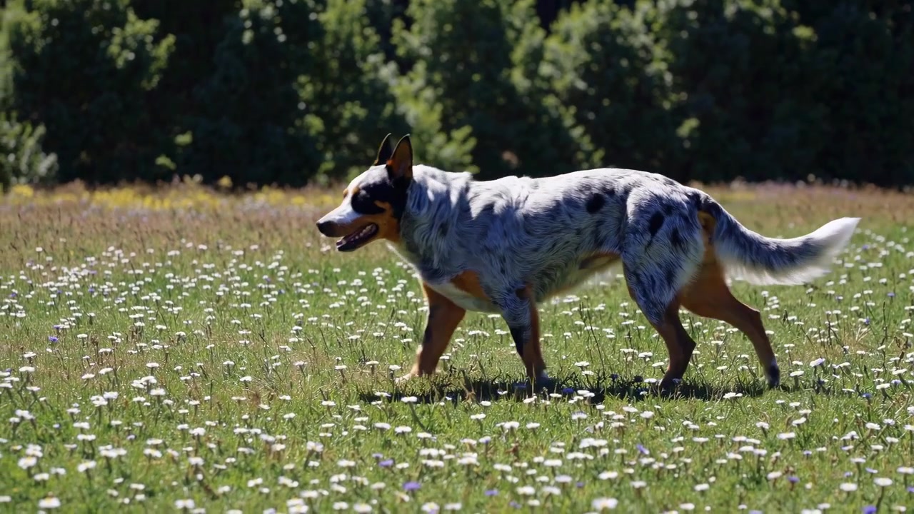 Australian Cattle Dog che passeggia in un prato soleggiato
