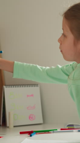 chica tranquila se quita la gorra de la pluma de punta de fieltro sentada en el escritorio con un bloc de notas. escolar alcanza el tablero de corcho con notas para escribir o dibujar. niño estudia en una habitación acogedora