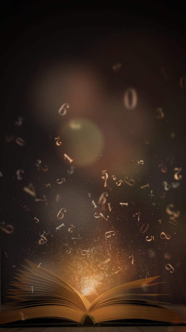 An open book with glowing light and numbers flying out of the pages on a black background. Vertical video.
