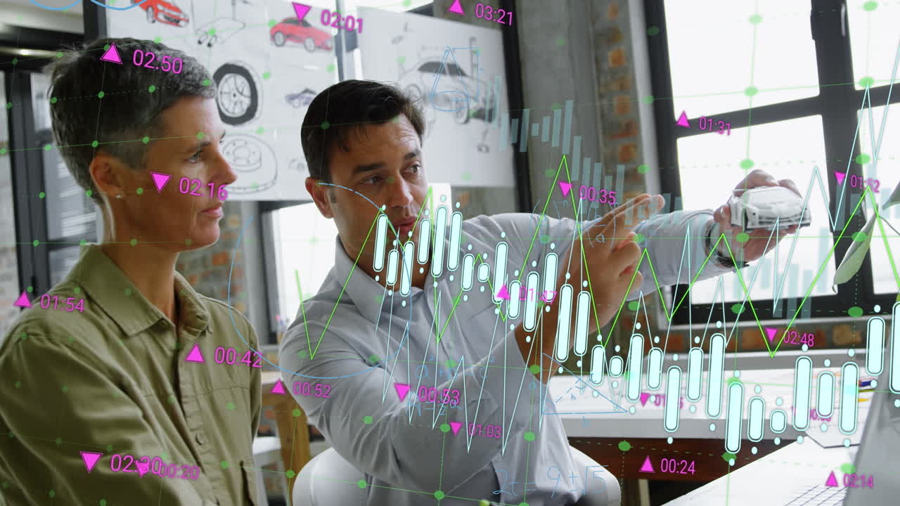 animación de gráficos, ecuaciones matemáticas y diagramas, diversos ingenieros discutiendo el modelo de coche