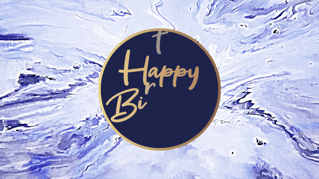 feliz cumpleaños con letras doradas rodeado de diseño abstracto de mármol azul y blanco