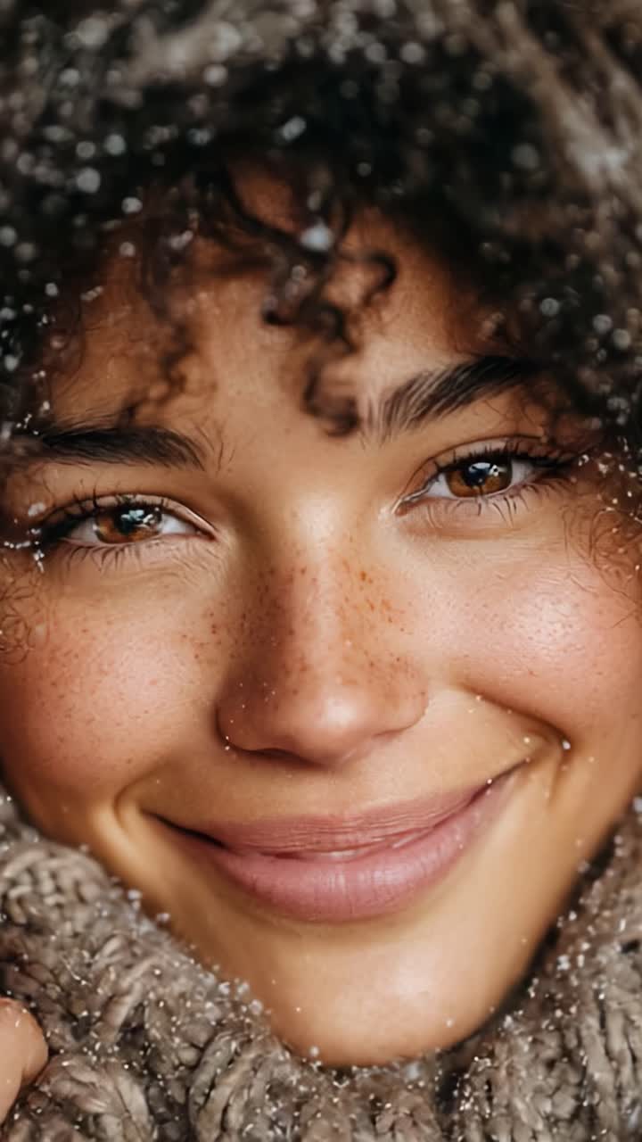 Joyful Expression of Happiness and Warmth Captured in the Snow: A Radiant Smile Surrounded by Soft Textures, Evoking Feelings of Comfort and Winter Cheer